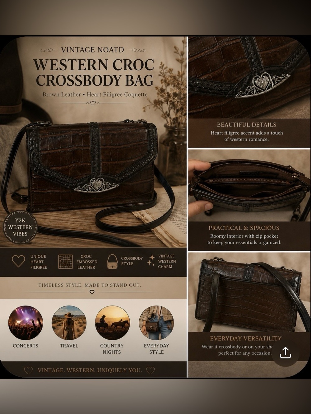 Vintage NOATD Western Croc Crossbody Bag Brown Leather Heart Filigree Coquette